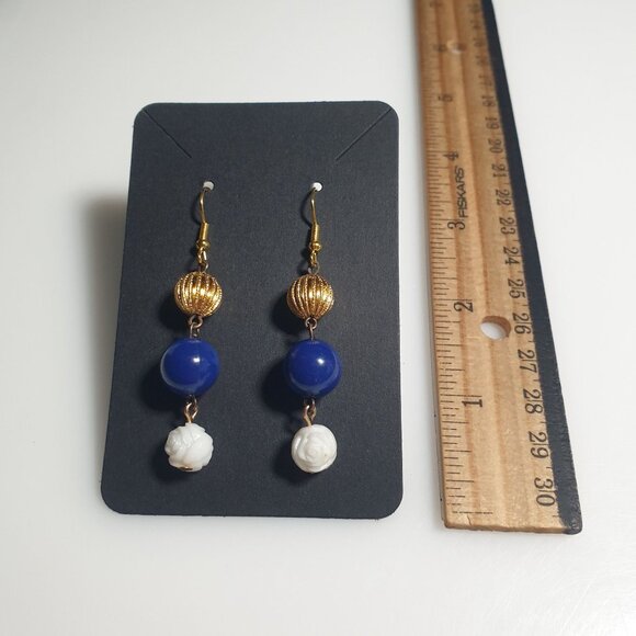 Gold Tone Drop Earrings Blue Beads White Rose Accents Long Dangle Lightweight - Picture 3 of 4